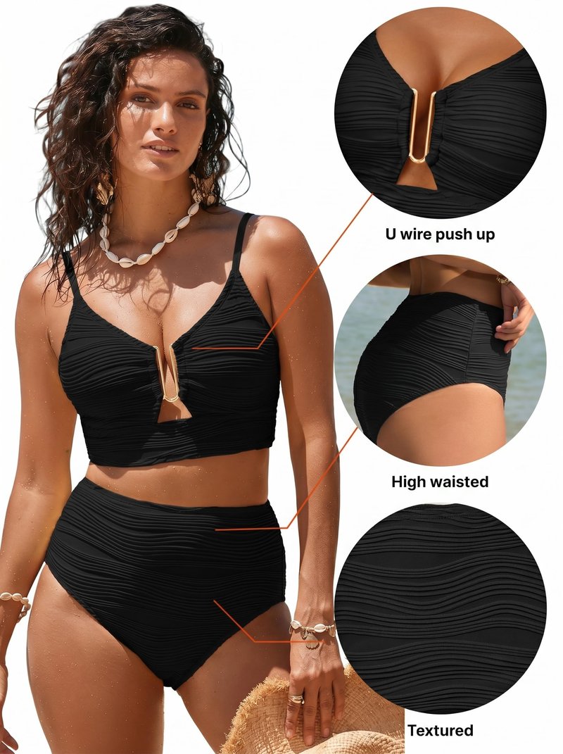 Herseas Women Two Pieces Textured Ruched Bikini Set Push Up V-Wired Cutout 2026 High Waisted Spaghetti Straps Flattering Swim Suit Sexy Classic Pool Party Essentials Black Small