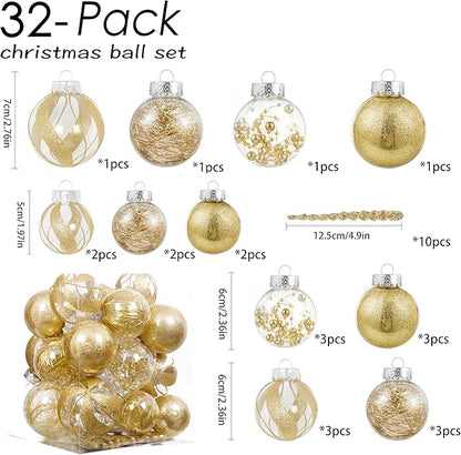 XmasExp 32ct Christmas Ball Ornaments Set -Gold Clear Plastic Shatterproof Xmas Tree Ball Decorations Hanging Baubles for Holiday Decor