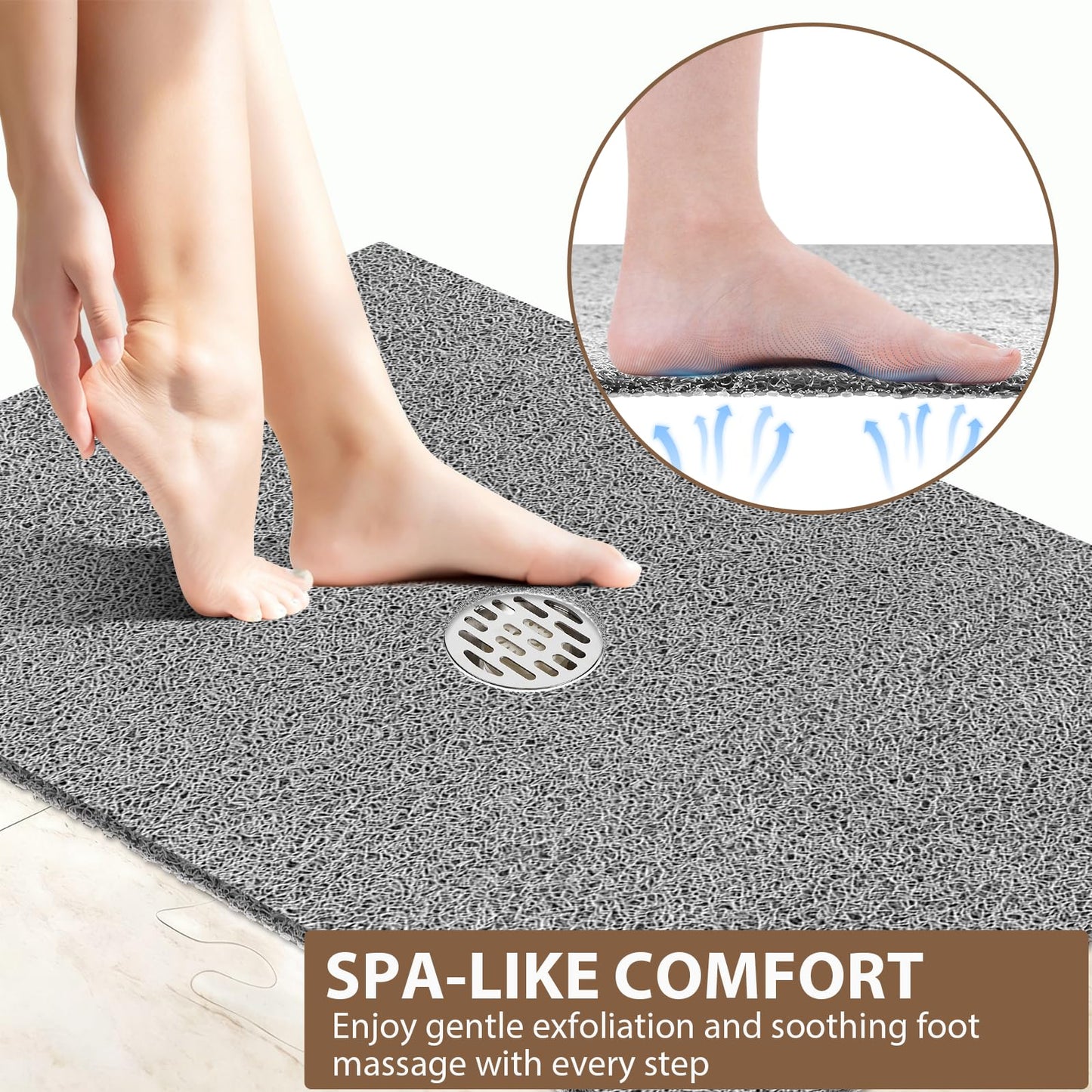 Extra Large Non Slip Shower Mat: 39.4x27.5 inch Loofah Shower Mat for Inside Shower with Drain Hole in Middle, Soft PVC Anti-Slip Shower Stall Mats for Bathroom,Wet Area, Quick Drying