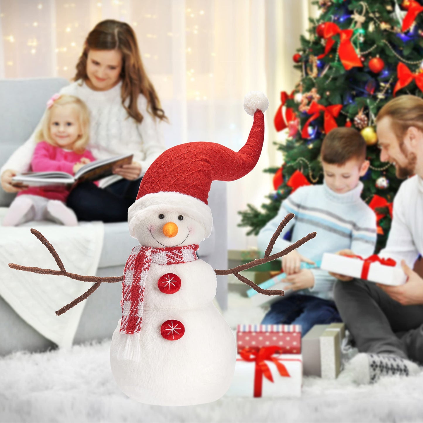 WORLDECO Snowman Christmas Decorations with Bowler Hat, Xmas Handmade Plush Ornaments for Indoor, Home and Holiday
