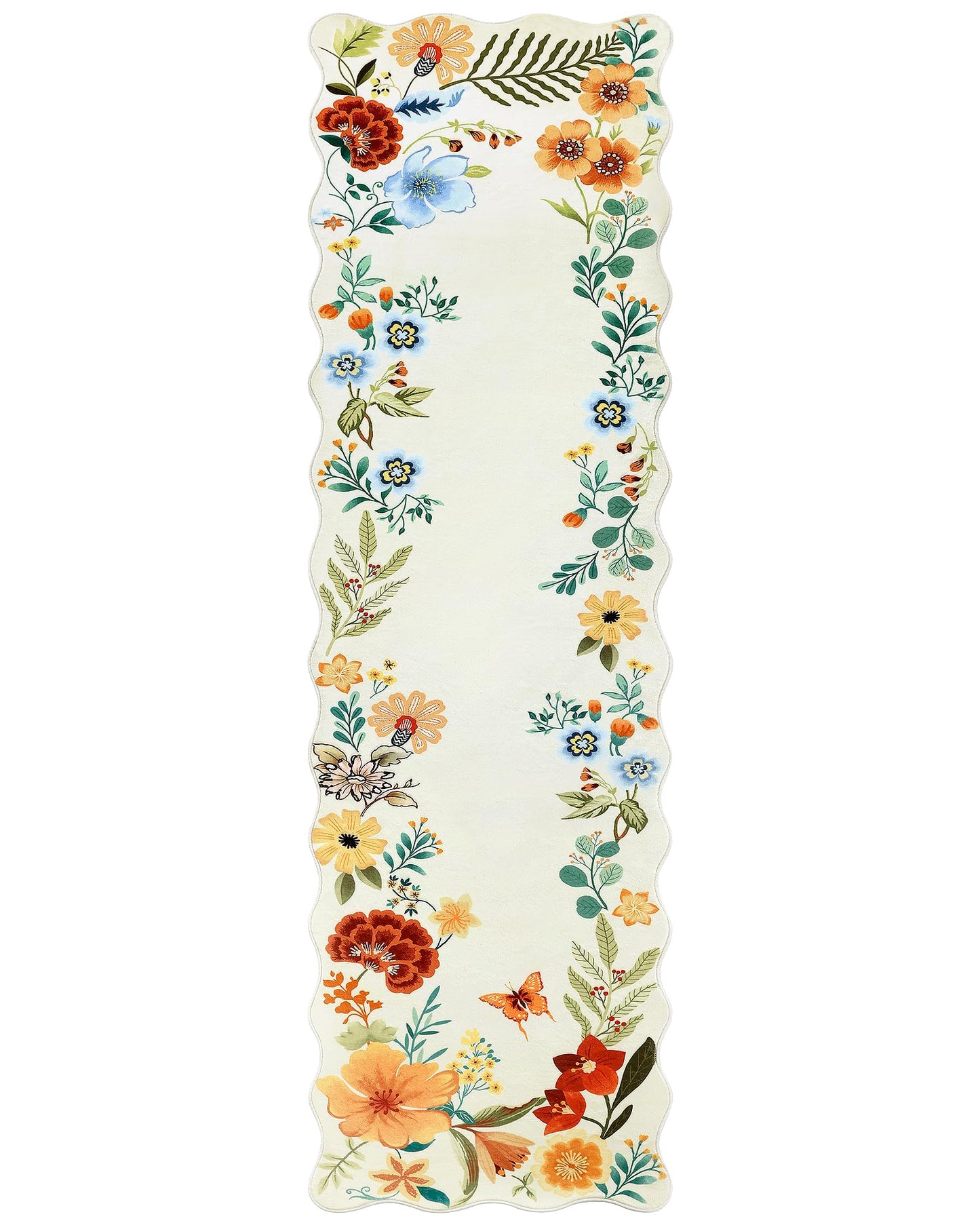 Carvapet 2x8 Runner Rug - Scalloped Edges Floral Botanical Carpet, Creamy Beige Washable Unique Wave Edge Runner, Low Pile Non-Slip Floor Mat for Hallway Kitchen Laundry Room
