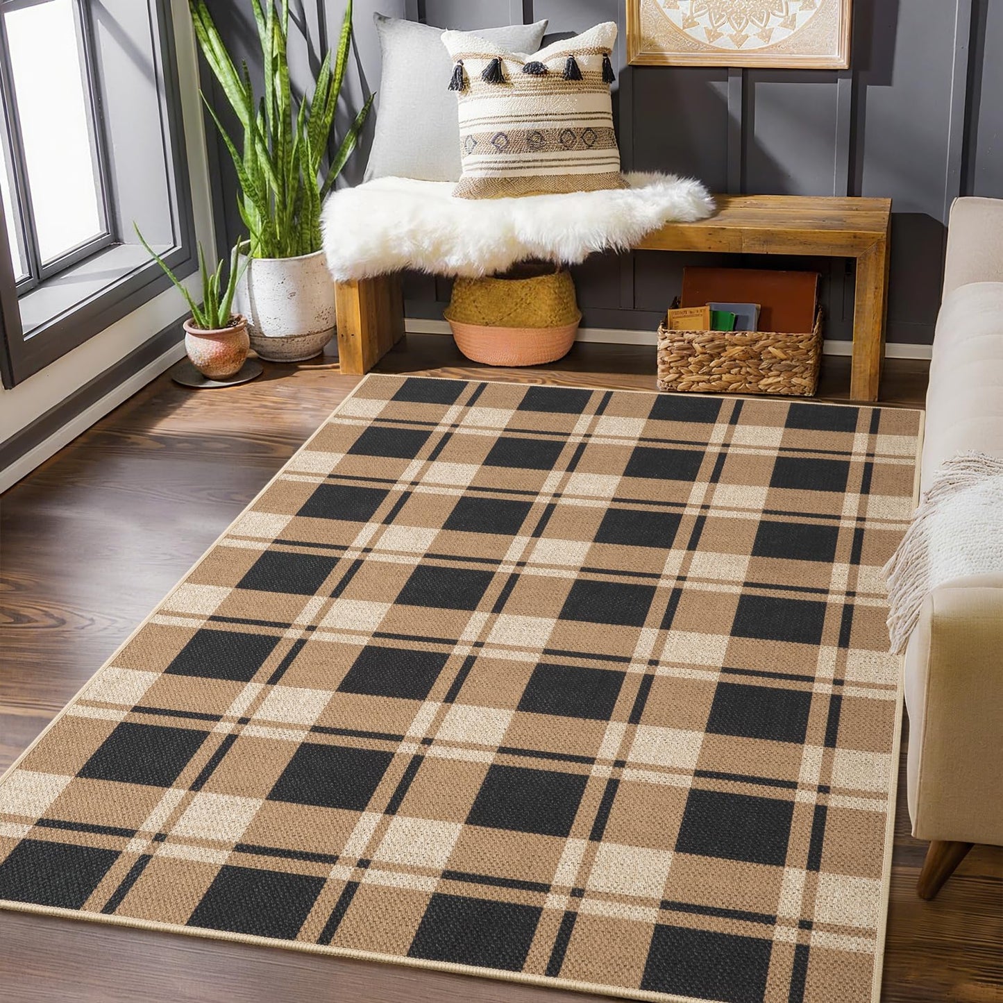 AROGAN Plaid Jute Rug 3x5, Washable Indoor Outdoor Rug, Black and Brown Checkered Farmhouse Rug, Non-Slip Low Pile Carpet for Patio, Living Room, Kitchen, Entryway