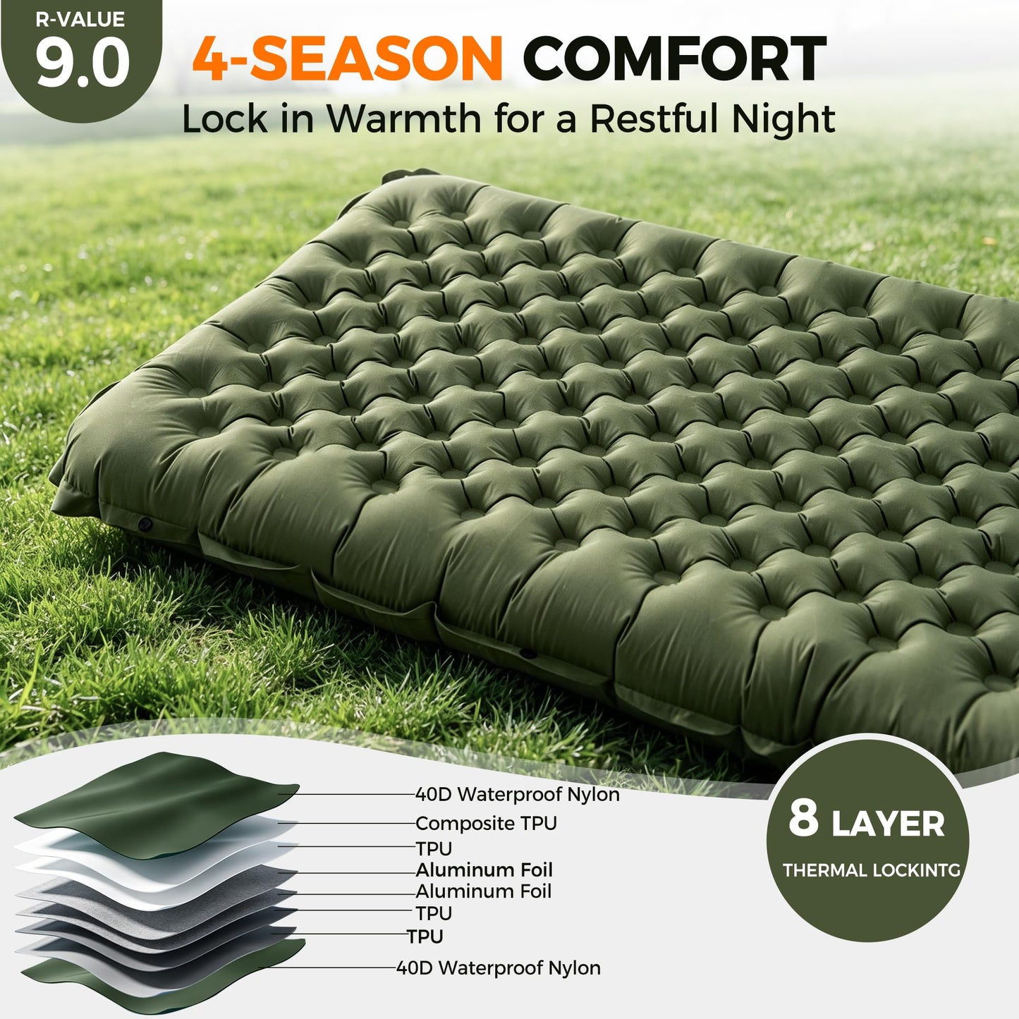 Asrug Camping Insulated Sleeping Pad with 9.0 R-Value for All Season Portable 4" Thick Camping Mattress Pad for Outdoor Hiking Tent Ultralight Backpacking Inflatable Sleeping Mat(Green)