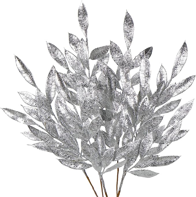 DILATATA 6Pcs Christmas Glitter Leaves Bay Leaves Spray 24" Artificial Silver Bay Leaf Picks Sprays Giltter Stems for Christmas Tree DIY Xmas Wreath Garland Home Decor - Silver