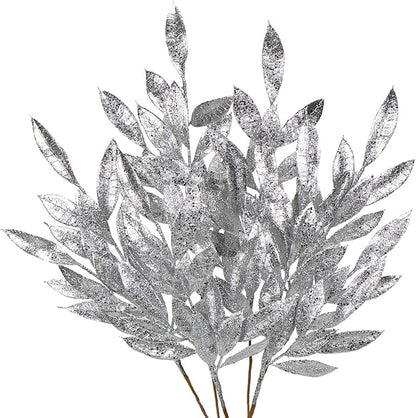 DILATATA 6Pcs Christmas Glitter Leaves Bay Leaves Spray 24" Artificial Silver Bay Leaf Picks Sprays Giltter Stems for Christmas Tree DIY Xmas Wreath Garland Home Decor - Silver