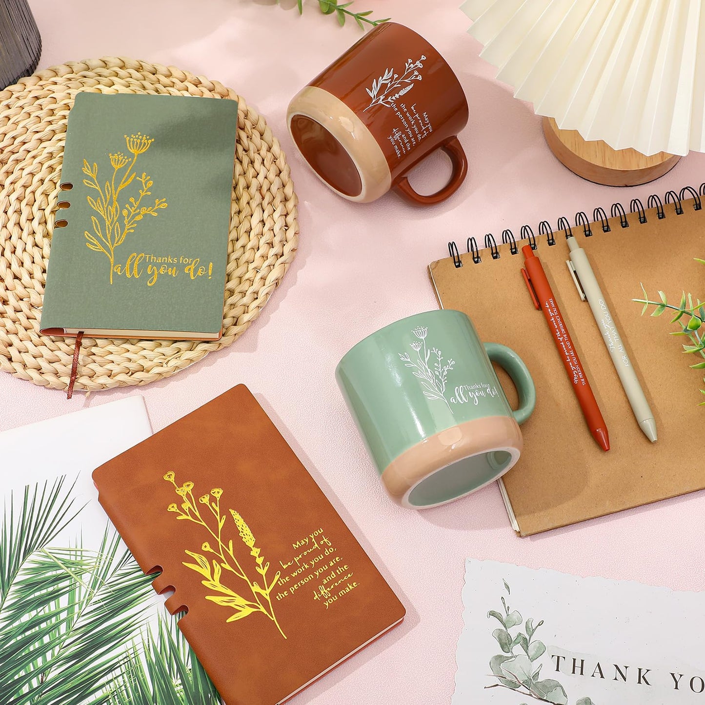 Didaey Employee Appreciation Gifts Set 13oz Boho Floral Ceramics Coffee Mugs with A6 Leather Notebooks Ballpoint Pens Bulk Teacher Thank You Gift for Volunteer Coworkers Staff Nurse(2 Sets,2 Colors)