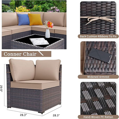 Kurapika 12 Pieces Patio Furniture Set, Rattan Wicker Outdoor Conversation Sets w/4 Inch Cushion and Glass Coffee Table(Sand)