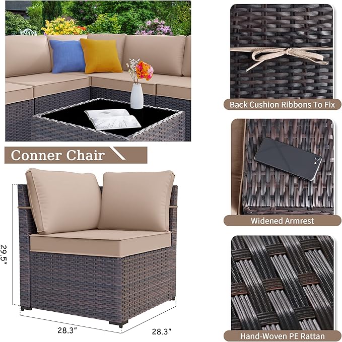 Kurapika 7 Pieces Patio Furniture Set, Rattan Outdoor Conversation Sets w/43in Propane Fire Pit Table and 4 Inch Cushion(Sand)