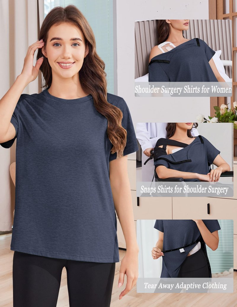 Deyeek Women's Post Shoulder Surgery Shirts Side Snap Tear Away Adaptive Clothing Short Sleeve Dialysis Recovery Shirts Blue Purple XL