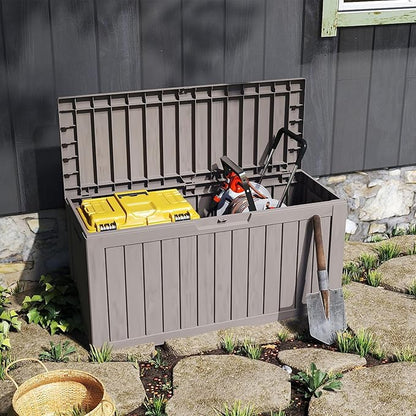 TARKARI 90 Gallon Lockable Resin Deck Box with Wheels, Waterproof & UV-Resistant Outdoor Storage Box for Outdoor Cushion Storage, Garden Tools & Pool Accessories Storage, Gray