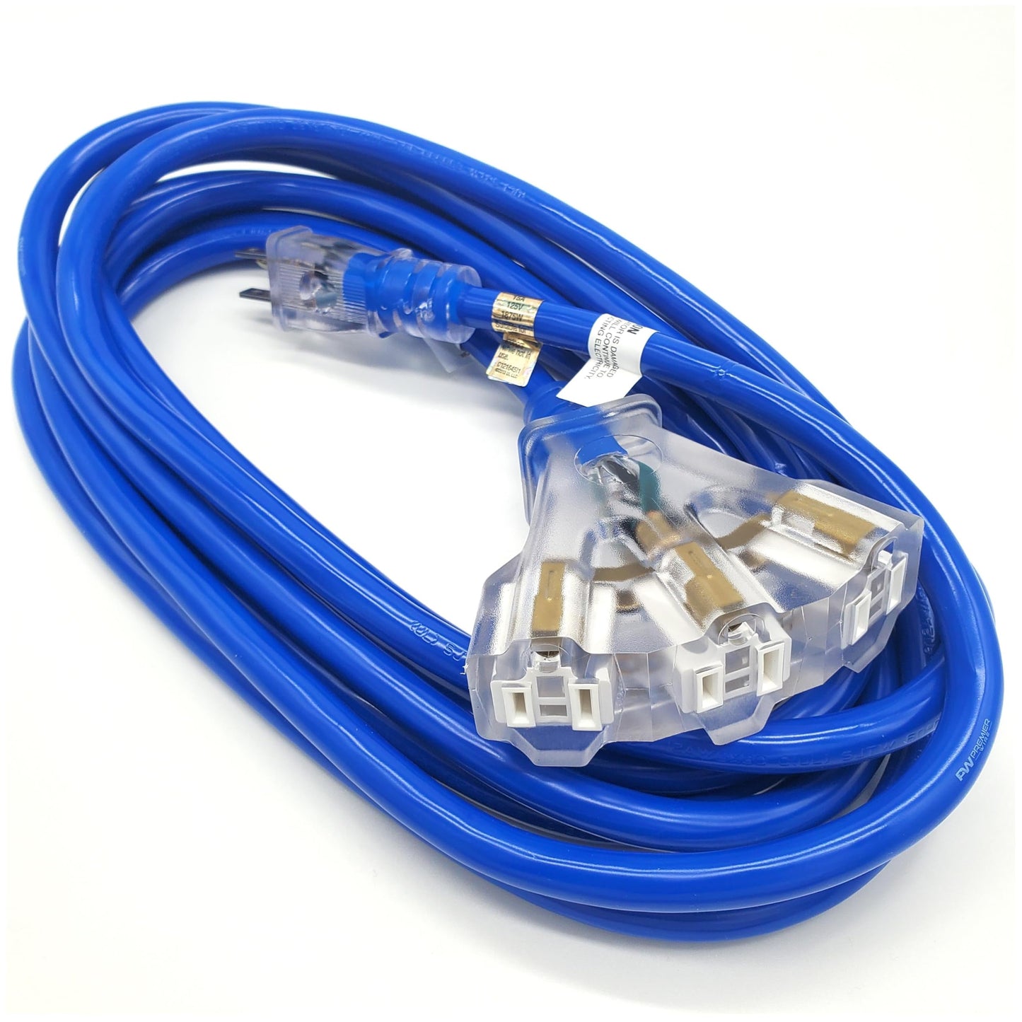 15 ft - 12 Gauge Heavy Duty Extension Cord - Lighted on Both Ends - SJTW Blue - Outdoor Extension_Cord Waterproof 15 ft by Premier Wire - 15 Amp ExtensionCord (15 Foot 12-Awg Power Cord Blue)
