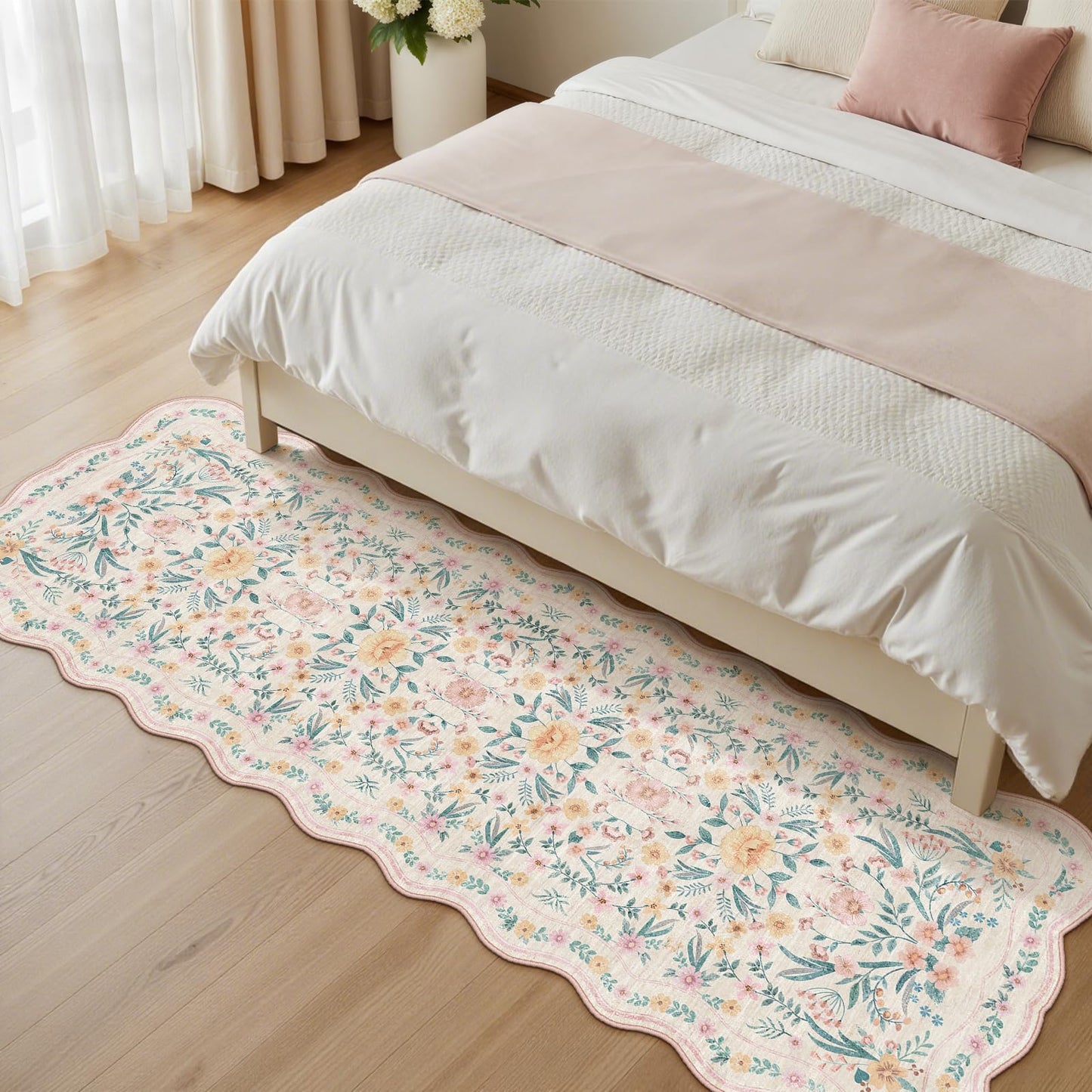 Dadasgk Scalloped Floral Runner Rug 2x6, Pink Washable Non-Slip Boho Hallway Rug, Soft Cute Carpet Runner for Kitchen, Bathroom, Laundry, Entryway or Bedroom