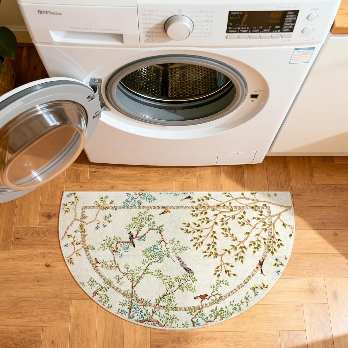 jinchan Yarden Washable Small Area Rug, 2x3 Half Circle Nature Plants Entryway Rug, Low Pile Doormat Soft Non Slip Dirt Trapping Carpet for High Traffic Kitchen Bathroom Vanity, Natural Ivory