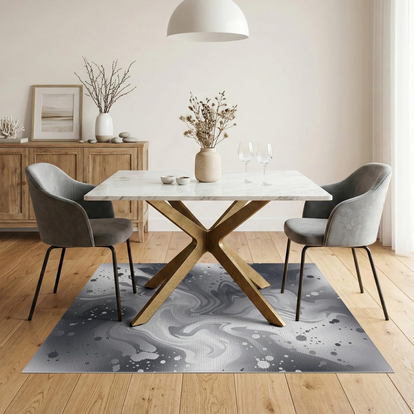 ODIKA 5'x7' Adult Asymmetrical Cave Flowing Wave Plush Abstract Grey Sound Washable Area Rug Non-Slip Chair-Friendly for Dining Room, Under Table, Home Office