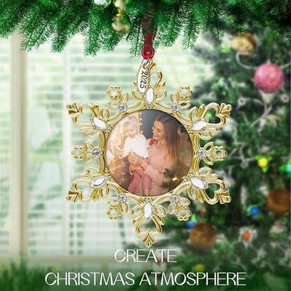 Laraine Christmas Tree Ornaments – Decorative Hanging 2025 Holiday Keepsake Gift Snowflake Pendant with 2” Photo Frame Insert for Picture of Pet (Snowflake Gold (2025))