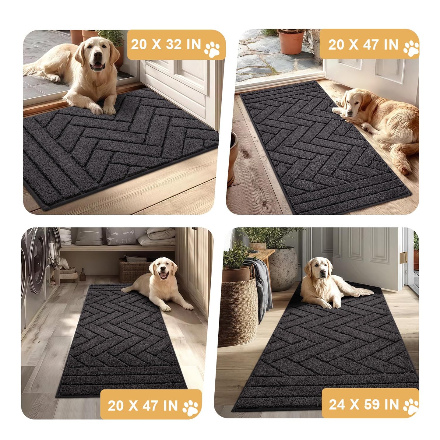Tindbea Dog Mat for Mud Paws,Absorbs Moisture Dirt Non-Slip Washable Mud Mat for Dogs,Soft Rubber Backing Front Inside Pet Rug for Entryway, Dog Paws, Patio(24"x59",Charcoal)