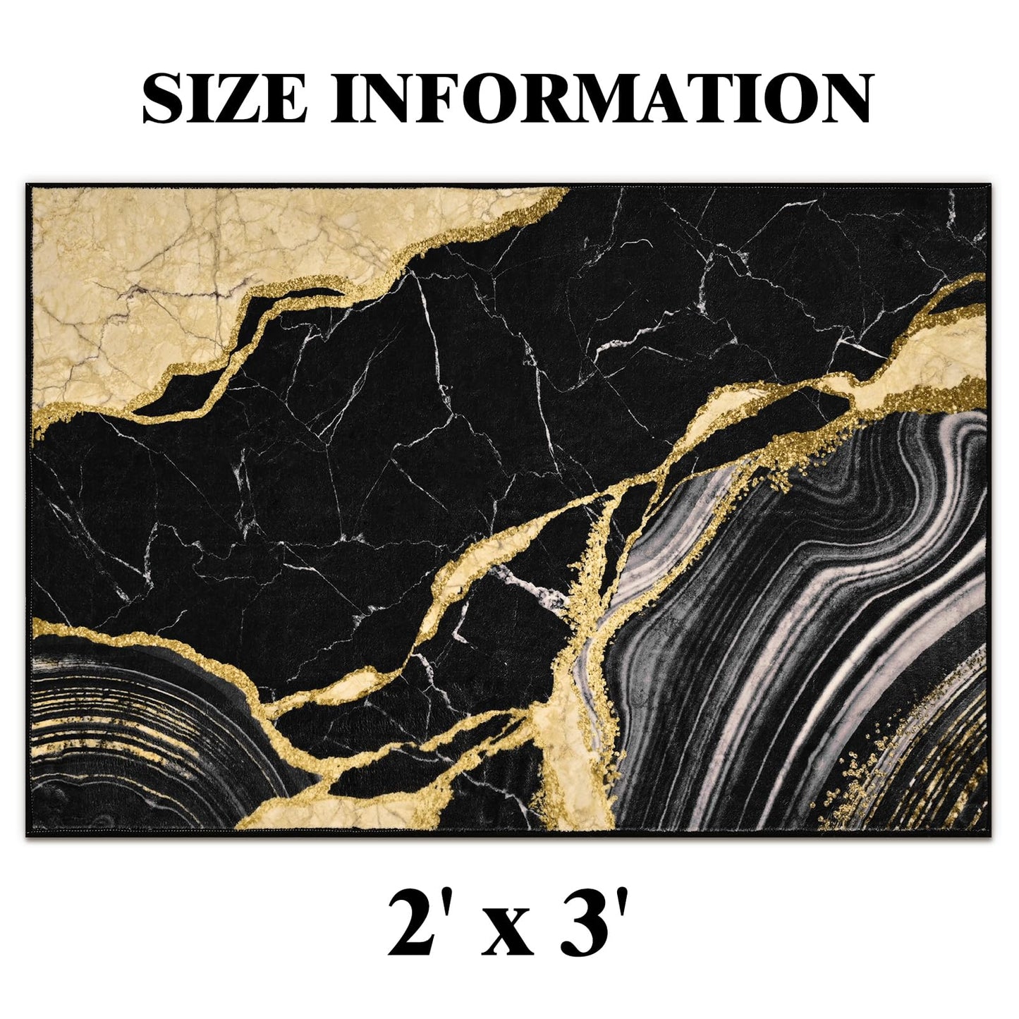 ASPMIZ Black and Gold Area Rug 2x3 Marble Entryway Rug Non-Slip Washable, Modern Indoor Door Mat Small Throw Rugs for Kitchen, Soft Faux Wool Floor Carpet Front Door Rugs Low Profile