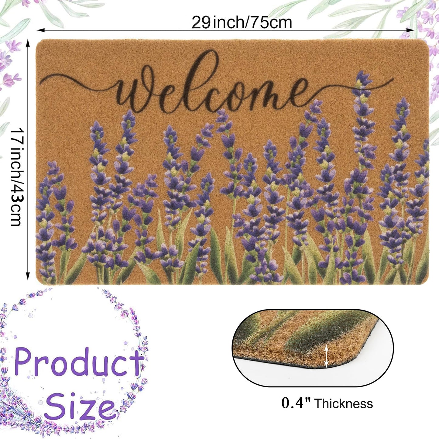 XuoAz Lavender-Welcome-Doormat for Indoor Outdoor Entrance Floral-Spring-Summer-Door-Mats Non Slip Coir Seasonal Doormat 17 x 29 Inches