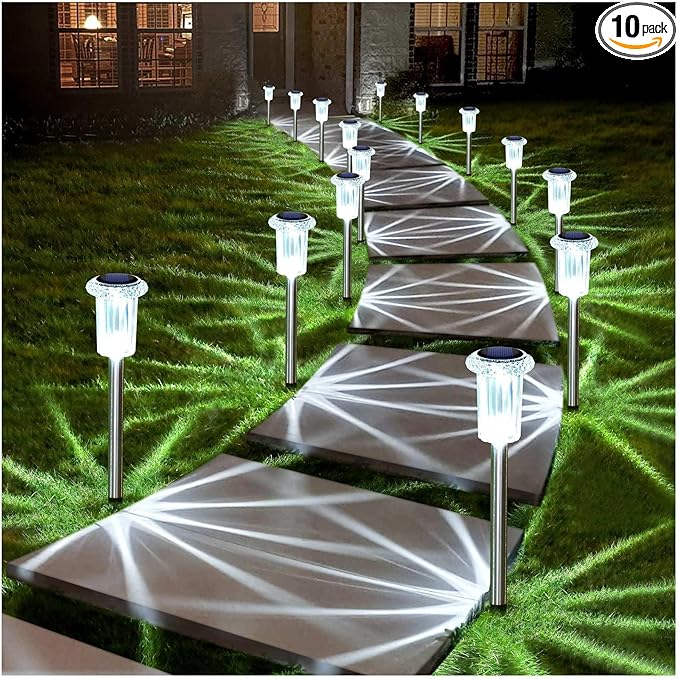 DenicMic Solar Lights Outdoor 10 Pack Waterproof 6000K Cold White LED Stainless Steel Stake for Pathway Yard Garden Driveway Solar Powered Outside Christmas Decor