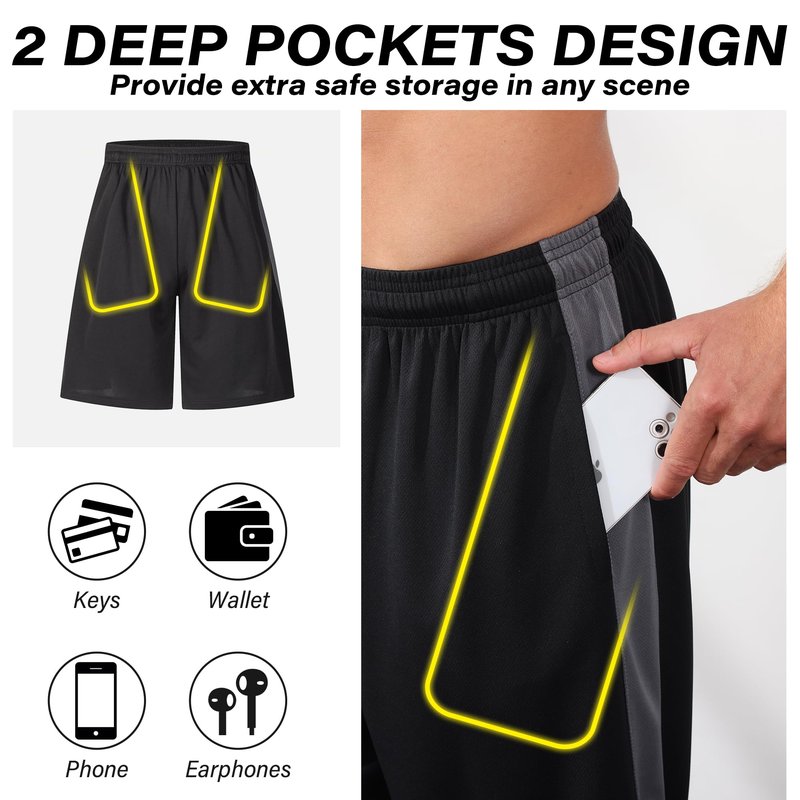 LukBerd 2 Pack Men's Long Athletic Shorts Basketball Workout Gym Shorts Below Knee Loose-Fit with Pockets XL