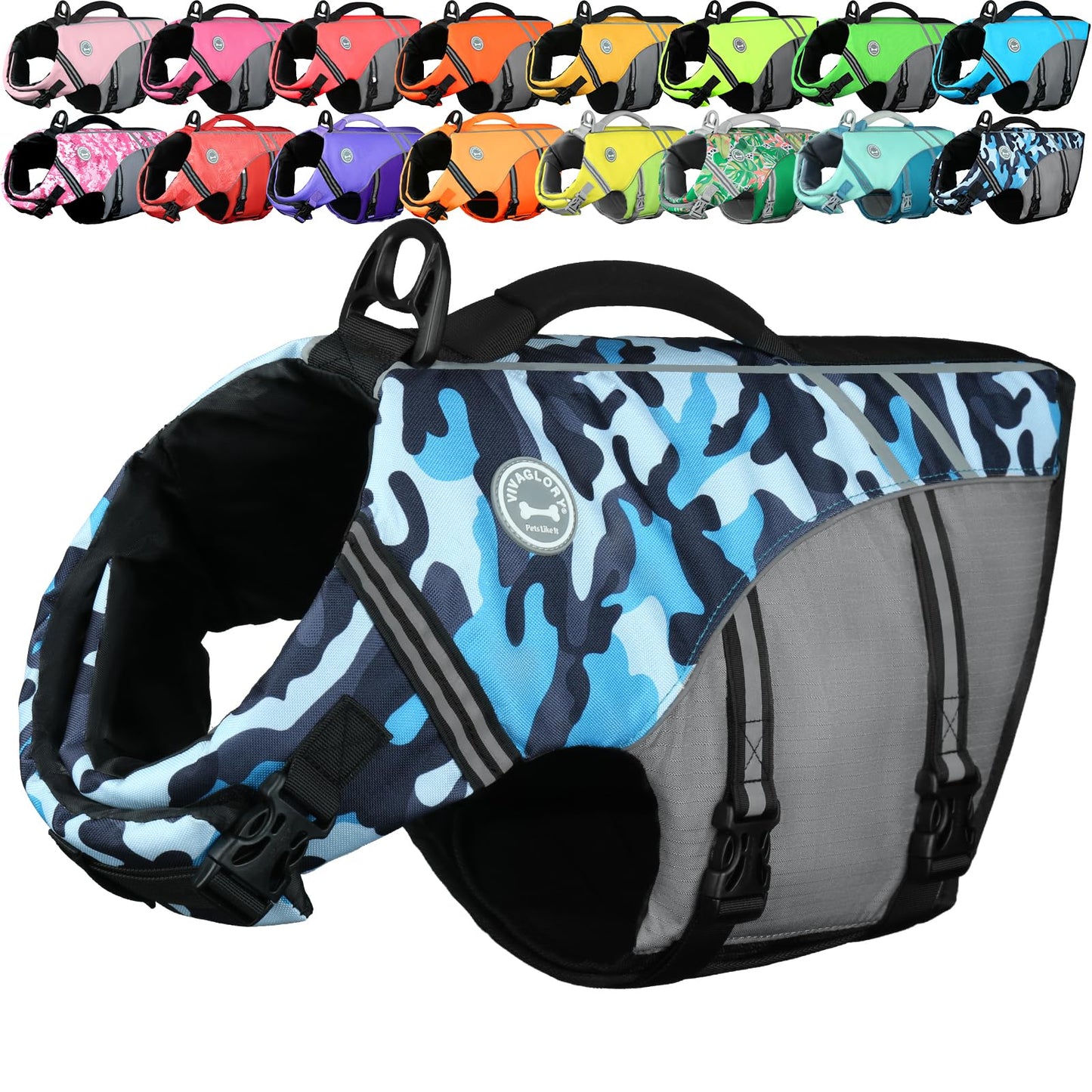 VIVAGLORY Dog Life Vest Sports Style Dog Swim Vest, L, Camo Blue
