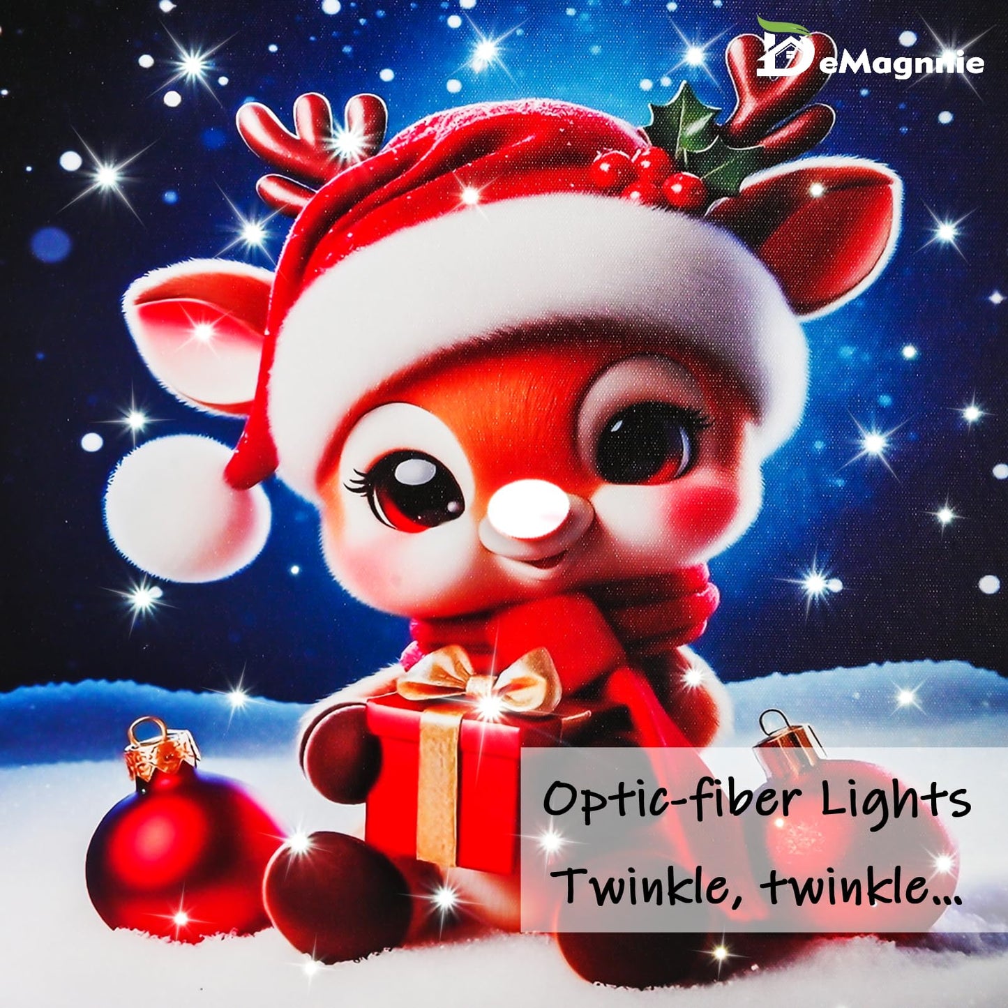 Fiber-optic Light up LED Christmas Canvas Wall Art w/Timer, Lovely Reindeer Baby Portrait Lighted Pictures on Battery, Ready to Hang Design, Cute Deer Christms Gifts Print for Kids Bedroom Wall Decor