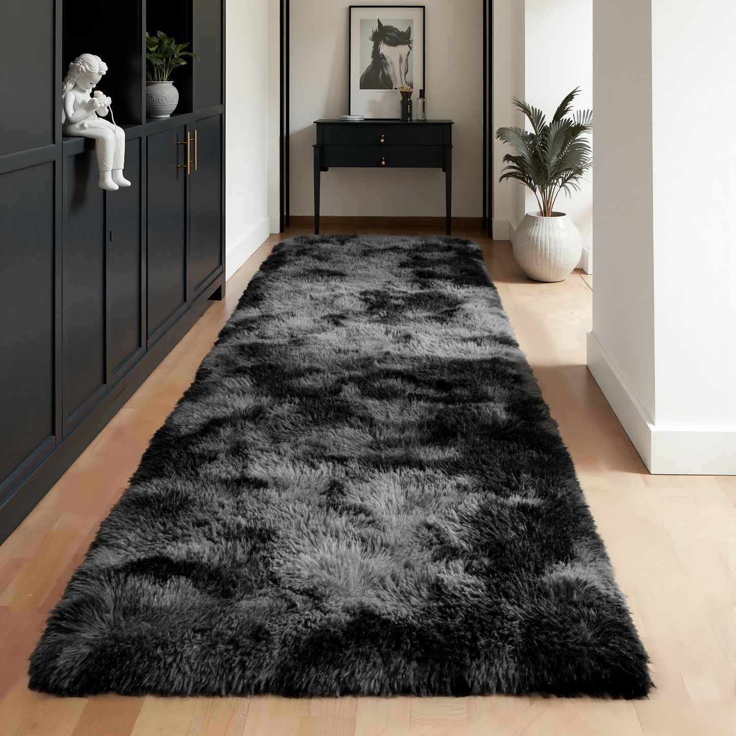 Zentavio Runner Rugs for Hallway 2x6 Shag Soft Bedroom Bedside Rugs Non Slip Fluffy Carpet for Kids Girls Boys Home Decor Aesthetic Dorm Nursery Tie-Dyed Black Grey