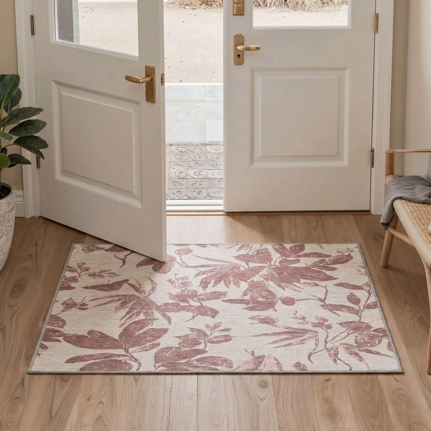 GENIMO 2X5 Hallway Runner, Machine Washable Non Slip Low Pile Soft Rugs, Modern Botanical Botanical Leaves Carpet for Entryway, Kitchen, Dusty Rose