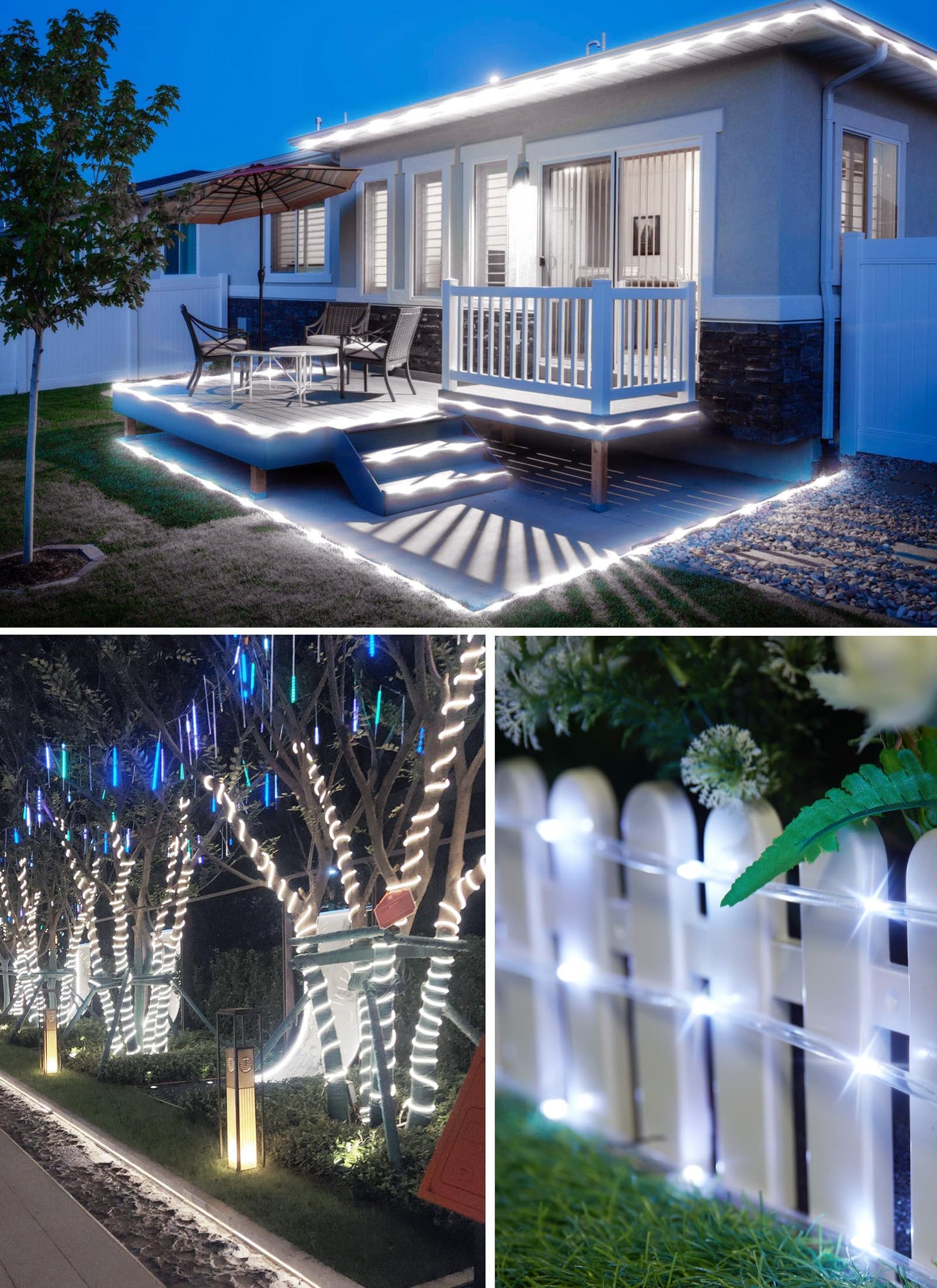 Brightown Solar Rope Lights, IP65 Waterproof 39FT 100LED Outdoor Solar String Lights Solar Powered Fairy Lights with 8 Lighting Modes for Party Garden Yard Home Holiday Tree Decoration, Pure White