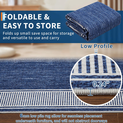 GarveeHome Washable Rug 5x7 for Bedroom Large Living Room Rug with Rubber Backing Casual Striped Border Throw Carpet Modern Contemporary Area Rug for Dining Room Nursery Entry, Blue