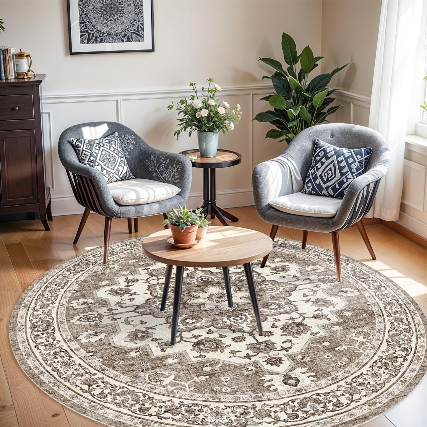 TOPRUUG Washable Oriental Area Rug - 6ft Round Rugs for Living Room Soft Carpet for Bedroom Waterproof Floral Distressed Indoor Stain Resistant Non-Shedding Floor Carpets (Beige, 6ft-Round)