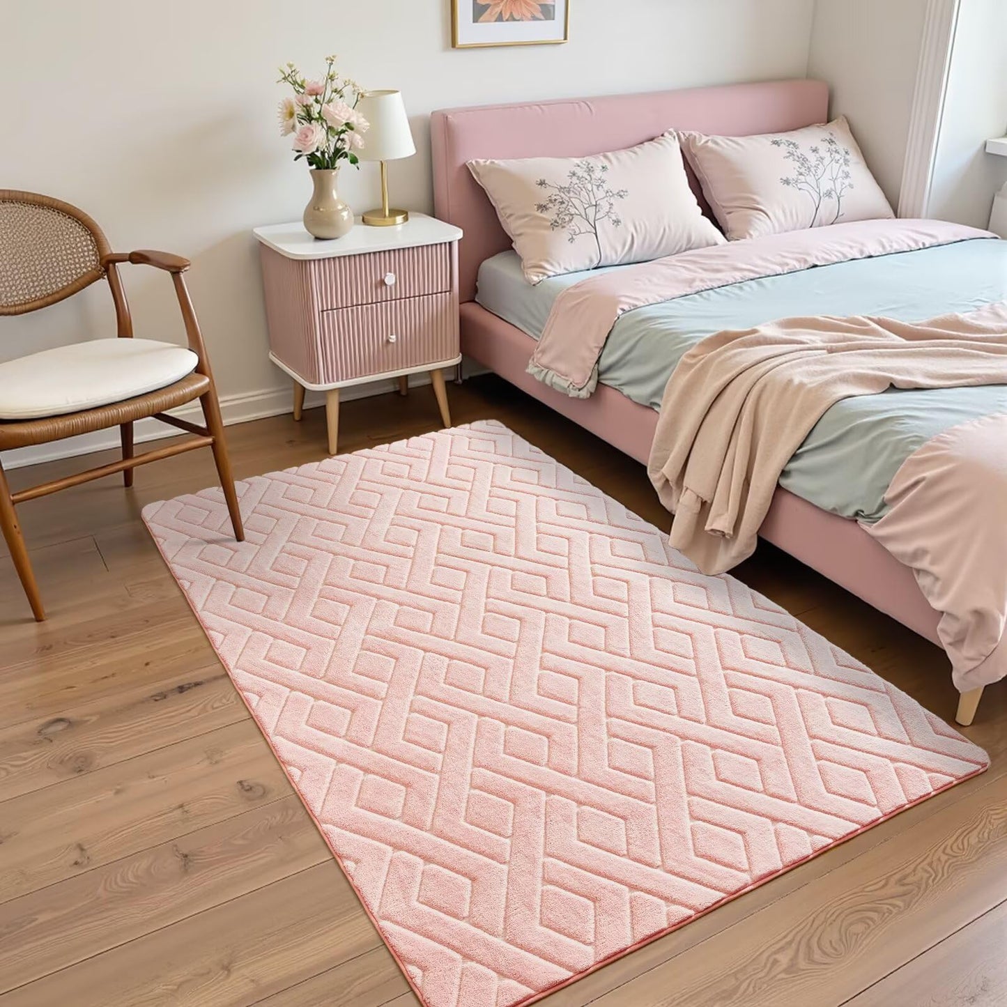Flagover 4x6 Pink Washable Area Rug for Girls Bedroom, Modern Geometric Shag Non-Slip Living Room Rugs, Fluffy Plush Soft Memory Foam Carpet for Kids Room Nursery Room Dorm Bedside Decor
