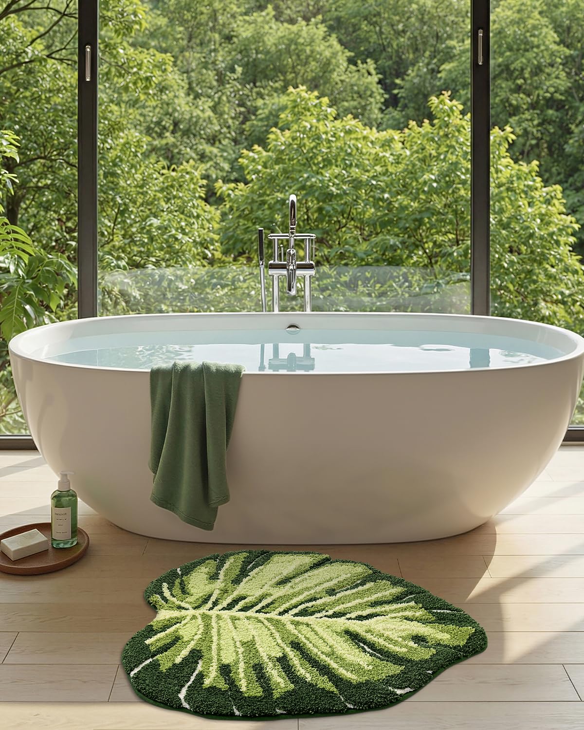 DEXI Leaf Bathroom Rugs Monstera, 31.5x23.5 Soft Fluffy Cute Bath Mat with Non Slip Backing, Washable Absorbent Bath Rug Quick Dry for Shower Floor, Toilet, Bedroom, Kids Room, Green