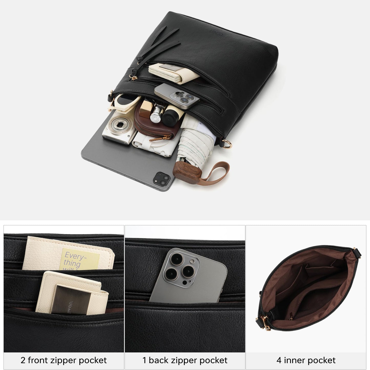 GEMIU Small Crossbody Bags for Women Travel Multi Pocket Crossbody Purse Women's Crossbody Handbags with Guitar Strap Black