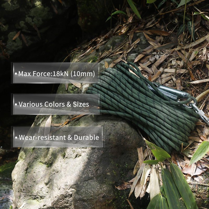 NewDoar Climbing Rope 8(5/16in),10mm (3/8in), High Strength Accessory Cord Rope with 2 Steel Hooks, for Outdoor Rescue Rappelling Rope Down Cliffs ledges Safety Escape Tow Strap Equipment(ArmyGreen)