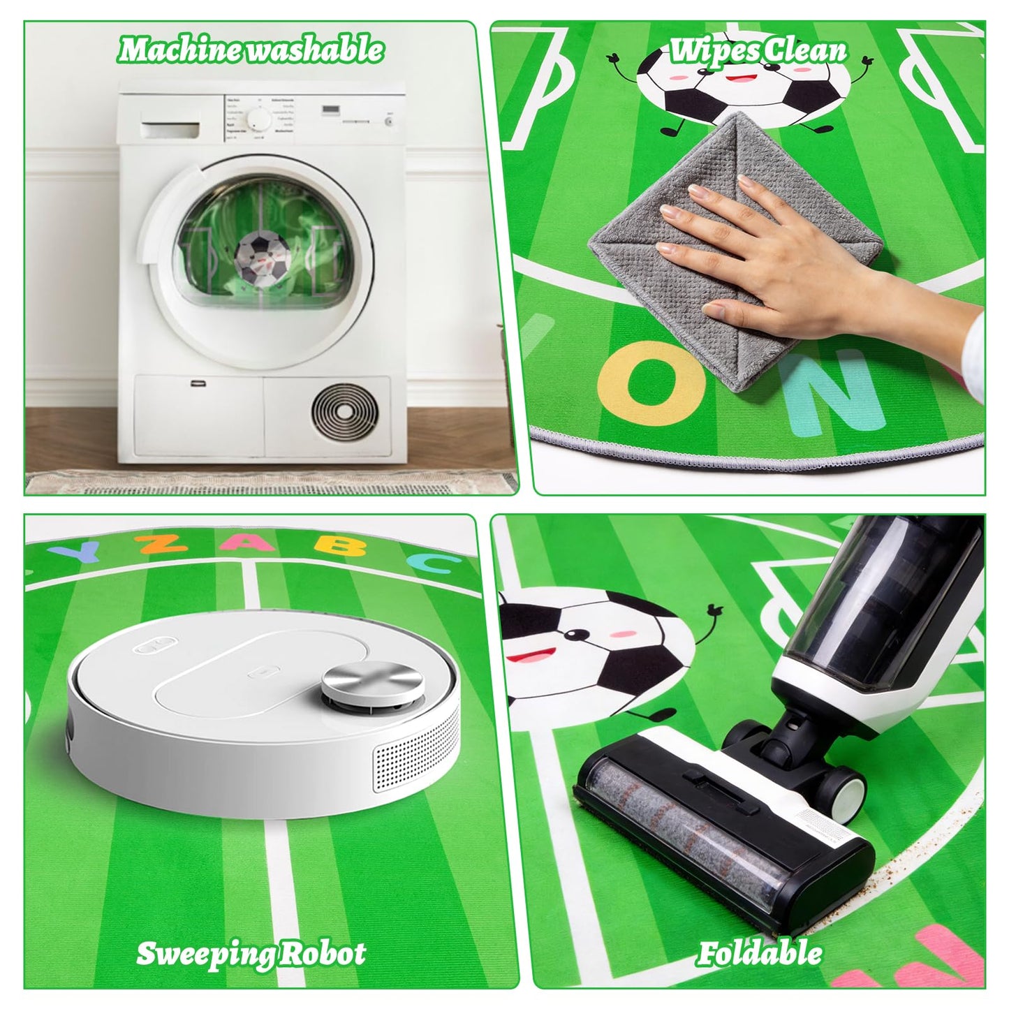 ZeffuLyne ABC Circle Rug, 4ft Playroom Rug with Soccer & ABC Alphabet, Soft Soccer Rugs for Kids, Non-Slip Circle Rugs for Baby, Toddlers, Boys Girls