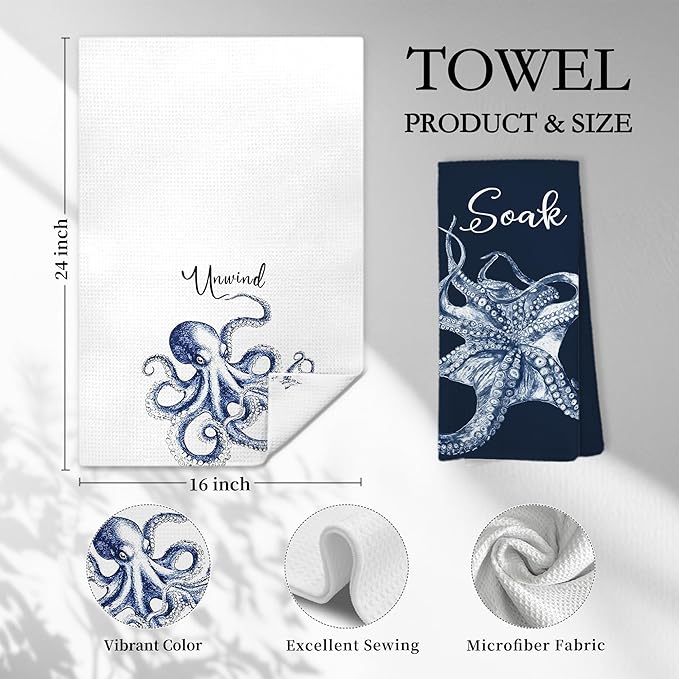 Navy Blue Octopus Coastal Beach Hand Towels, Ocean Octopus Unwind Breathe Relax