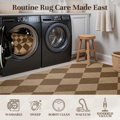 EDIMENS Checkered Easy Jute Area Rugs, 5x7 Outdoor Patio Rug for Entryway Indoor Outdoor Living Room Carpet, Brown Washable Non Slip Diamond Farmhouse Carpet for Backyard Front Porch Patio Balcony
