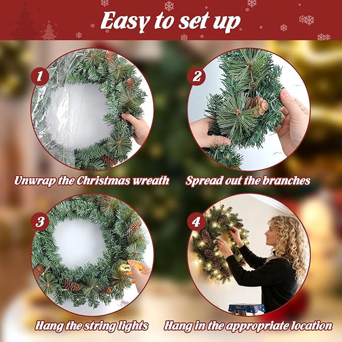 FR Artificial Pre-Lit Fir Christmas Wreath Holiday Accent Decoration, Wintry Pine, Decorated with Pine Cones, with LED Lights Battery Operated for Door, Mantel - 16 Inch