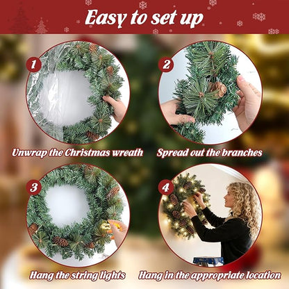 FR Artificial Pre-Lit Fir Christmas Wreath Holiday Accent Decoration, Wintry Pine, Decorated with Pine Cones, with LED Lights Battery Operated for Door, Mantel - 16 Inch