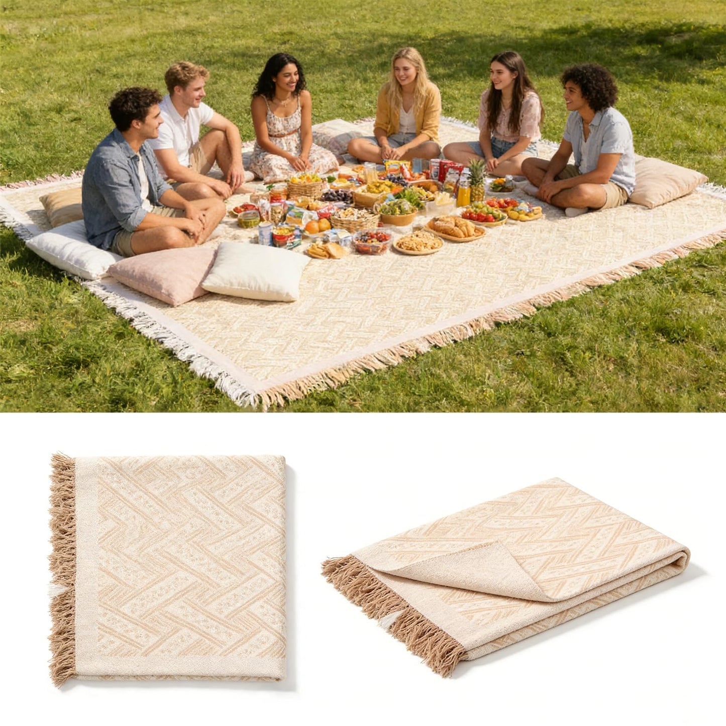 Boho Beige Cotton Picnic Blanket 91×71 Inch Extra Large, Woven Textured Tassel Outdoor Beach Mat, Machine Washable Portable Camping Blankets for Family Park Picnic, Boho Wedding Decor & Indoor Home