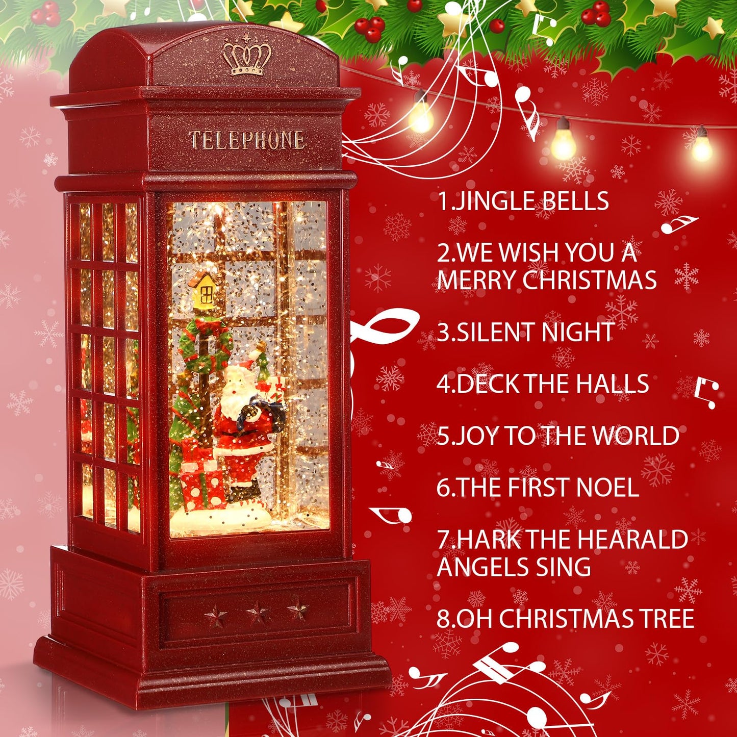 Riakrum 2 Pcs Christmas Snow Globe Lantern Phone Booth 9.8 Inch Battery or USB Operated Red Glitter Musical Singing and Lighted Water Night Light Centerpiece for Xmas Party Decoration