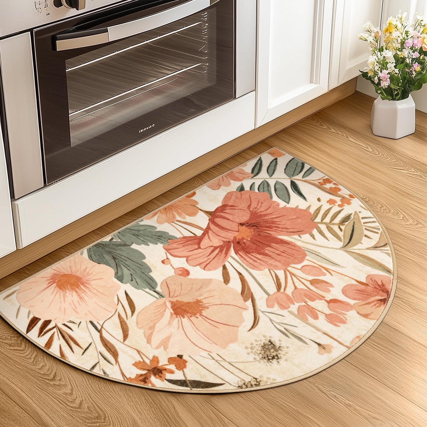 jinchan Floral Washable Small Area Rug, 2x3 Botanical Romantic Half Circle Entryway Rug, Soft Low-Pile Non-Slip Dirt Trapping Carpet for Kitchen Sink Bathroom Vanity Laundry Room, Floral Pink/Grey