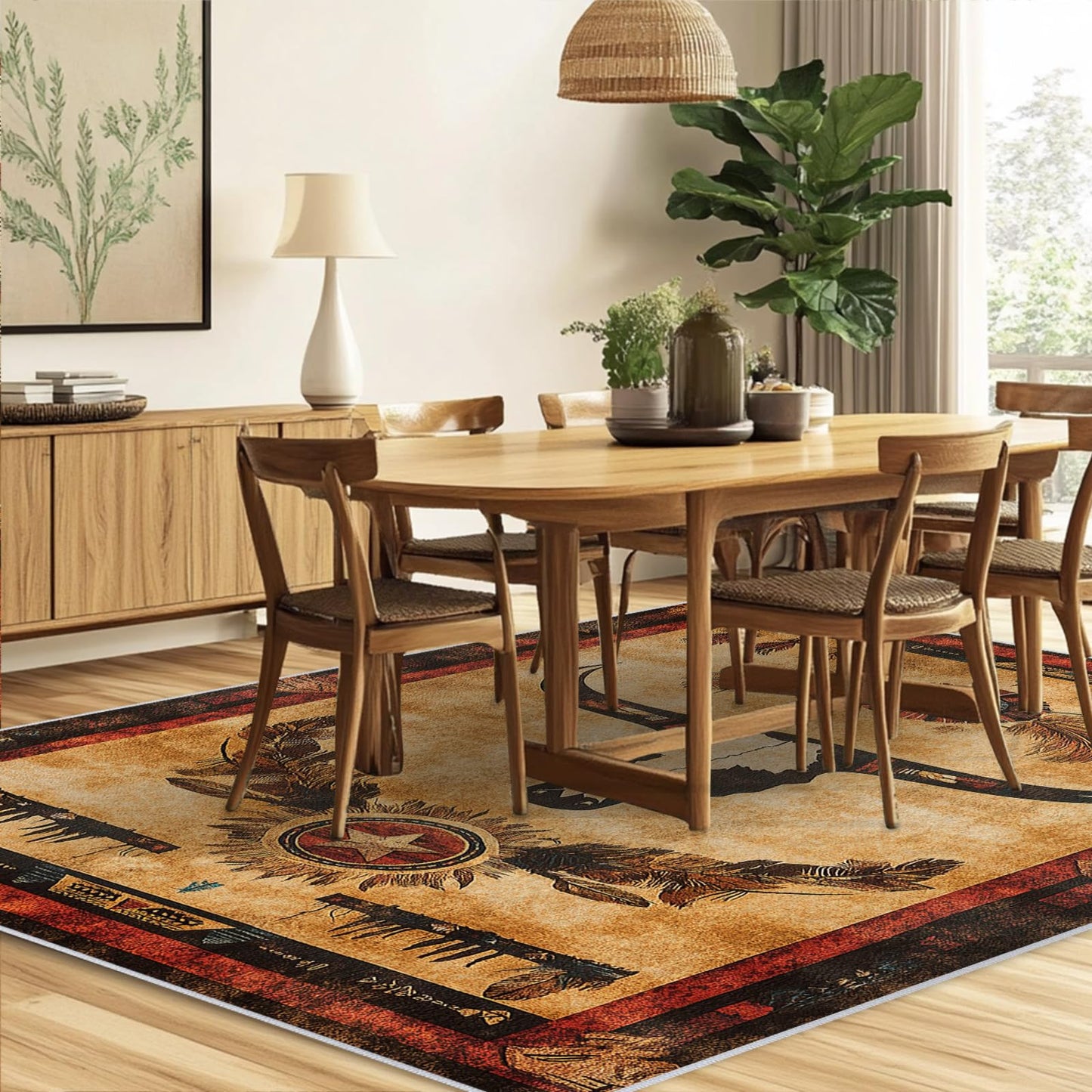 Western Area Rug Southwestern Cow Washable 5x7 Navajo Tribal Rugs for Living Room Bedroom Cowboy Rustic Non-Slip Soft Floor Large Carpet for Office Entryway Bathroom