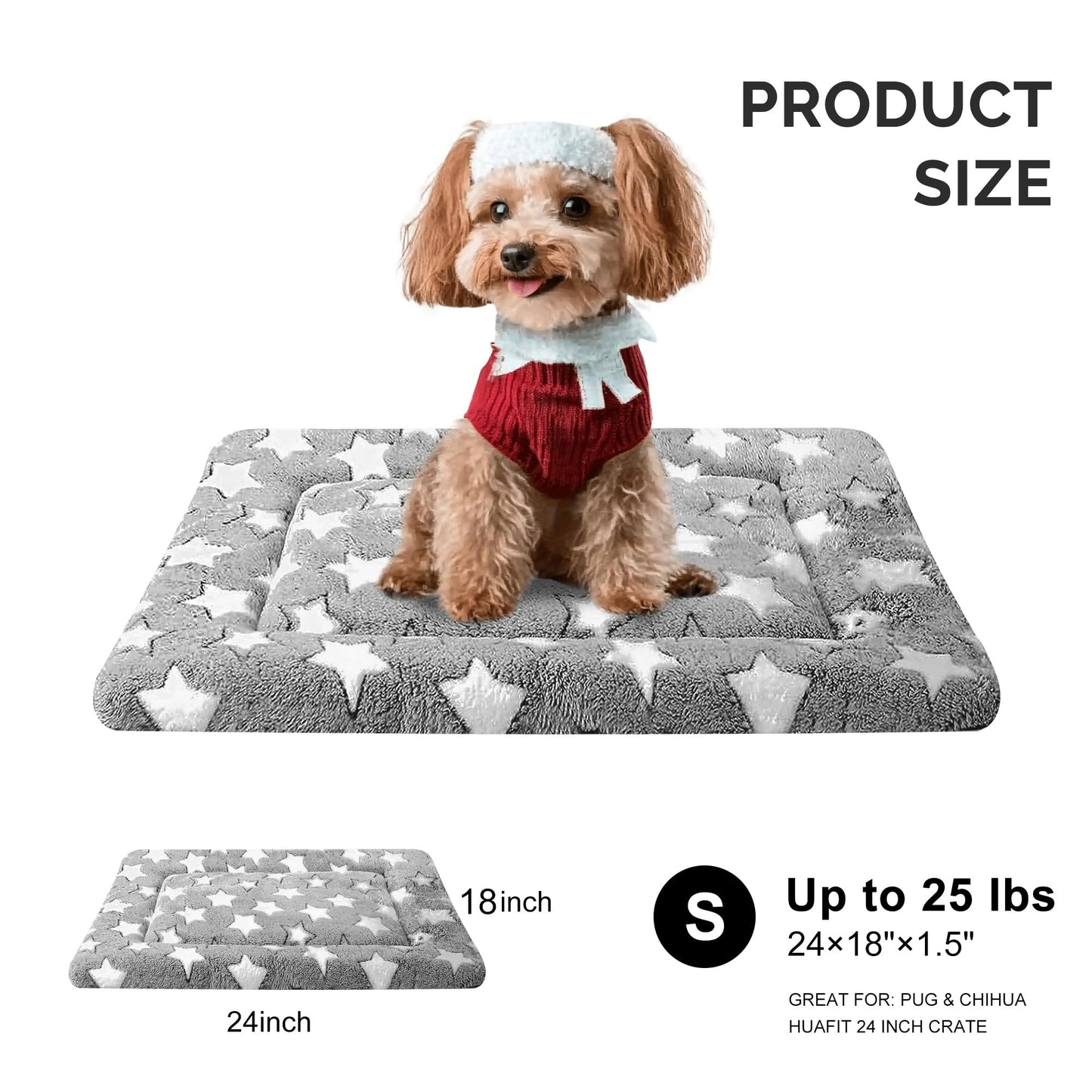 Fogkiss Dog Bed Mat, Reversible Crate Pad & Cute Dog Bed - Machine Washable Kennel Mat with Ultra Soft for Small Dogs (Cool/Warm), 24" x 18", Grey&Star