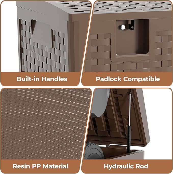 99 gal Brown Resin Deck Box, Outdoor Storage Box Waterproof Lockable, Patio Deck Box For Package Delivery, Outside Storage Box Container for Furniture Cushions, Garden Tools, Pool Accessories
