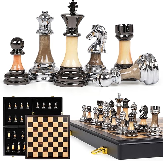 Luxury Large Metal &amp Acrylic Chess Set with Wooden Chess Board (17”) – Weighted Chess Pieces with 3.5” King Foldable Tournament Chess Set for Adults &amp Kids Professional Chess Game Set