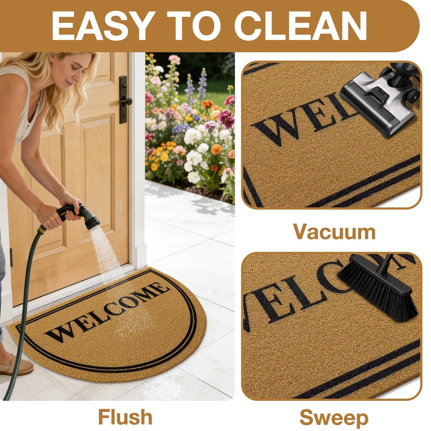 OLANLY Half Circle Front Door Mat, Low Profile Doormat, Stain and Fade Resistant, Easy to Clean, for Indoor and Outdoor Entrances, Patio Porch or Entryway, Brown (30x17 Inch, Welcome)