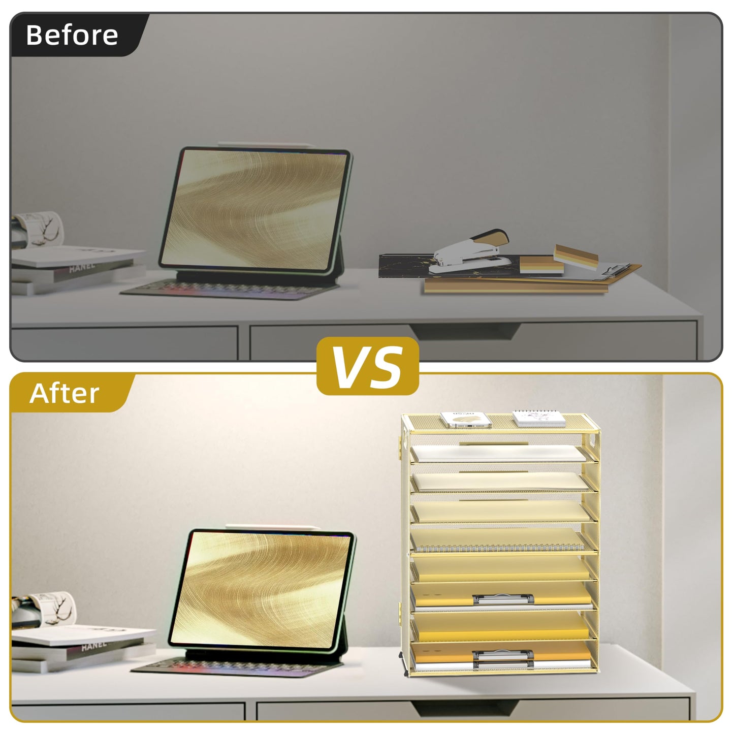 DALTACK 9-Tier Paper Organizer for Desk, Mesh Letter Tray Desk Organizer with Handles, Space-Saving File Organizer for Office Home School, Gold