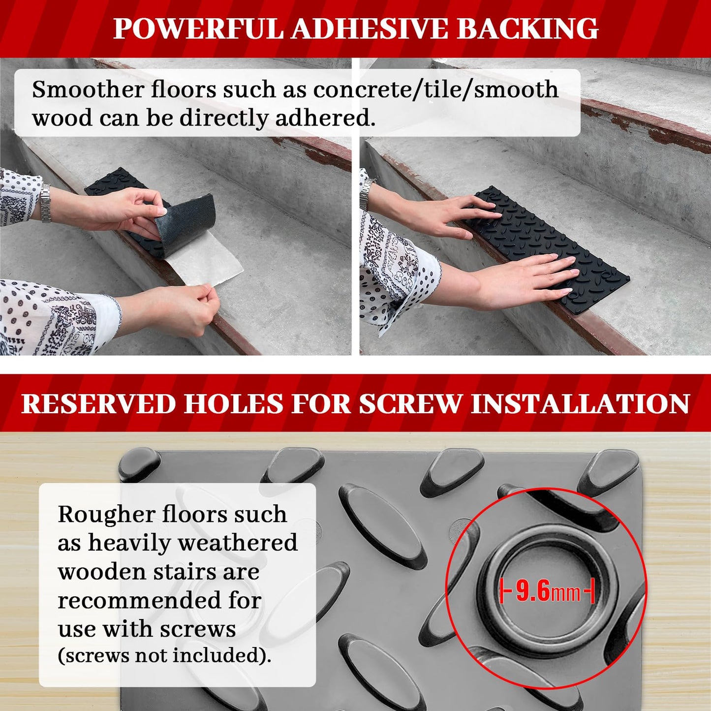 ROBLOCK 5 PCS Rubber Stair Tread for Wooden Steps, Skid Resistant Stair and Outdoor Stair, 15.5" x 4" 5 Packs Non Slip Outdoor Stair Treads, Black